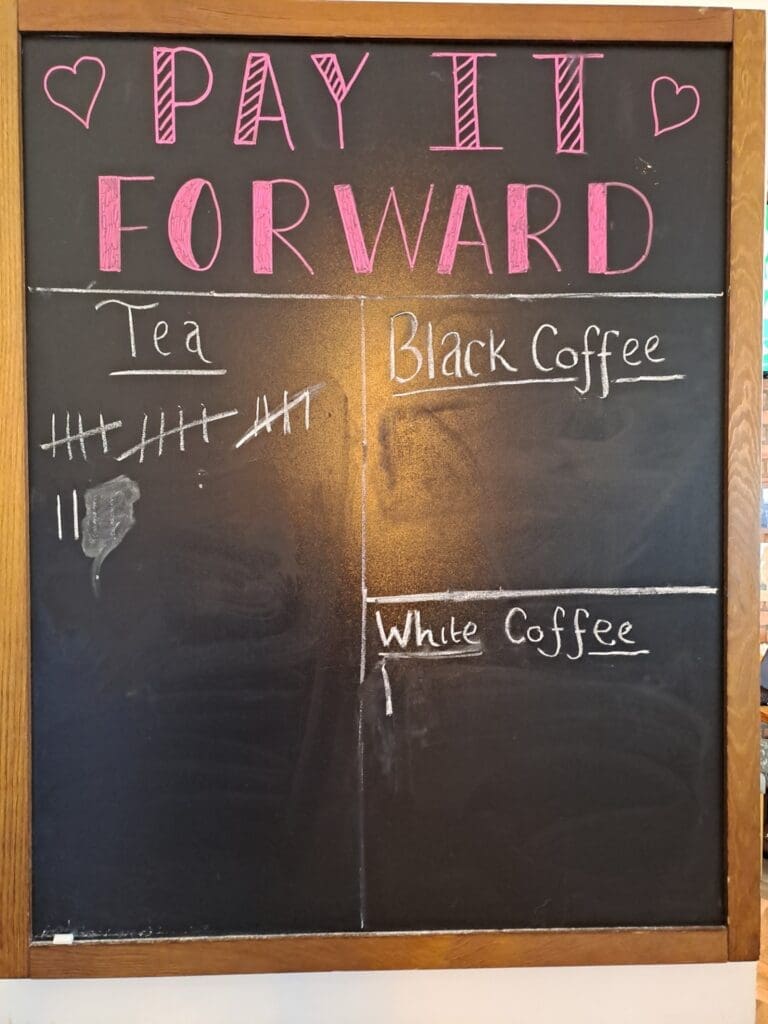 Picture shows the Pay it Forward chalkboard that is displayed with the Together Levenmouth Café.
The board displays how many free, hot drinks are currently available – Sep 2026.
17 Teas, 0 Black Coffee and 1 white coffee.